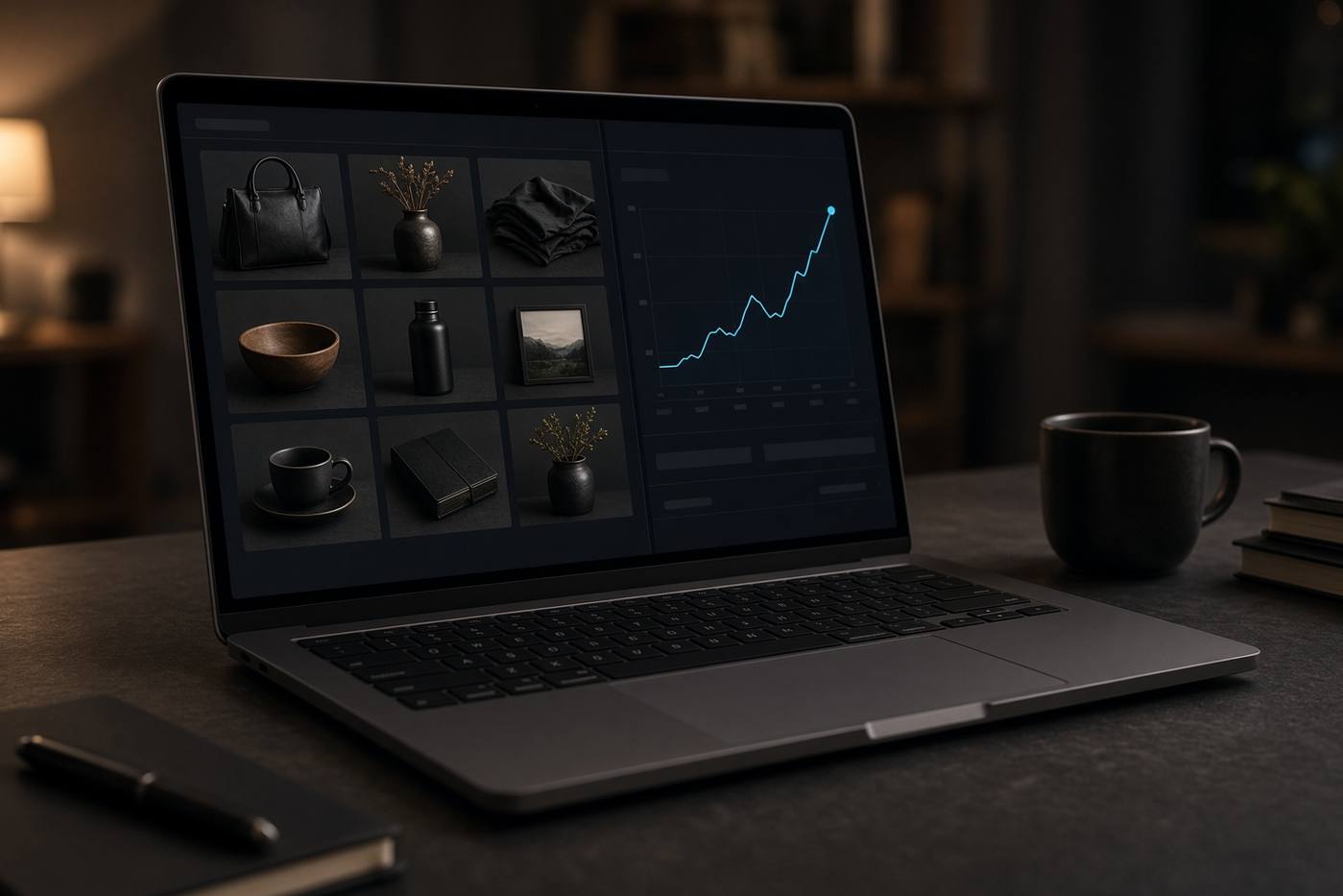 Poste d’analyse e-commerce, écran de tableau de bord et produits sur un bureau sombre.